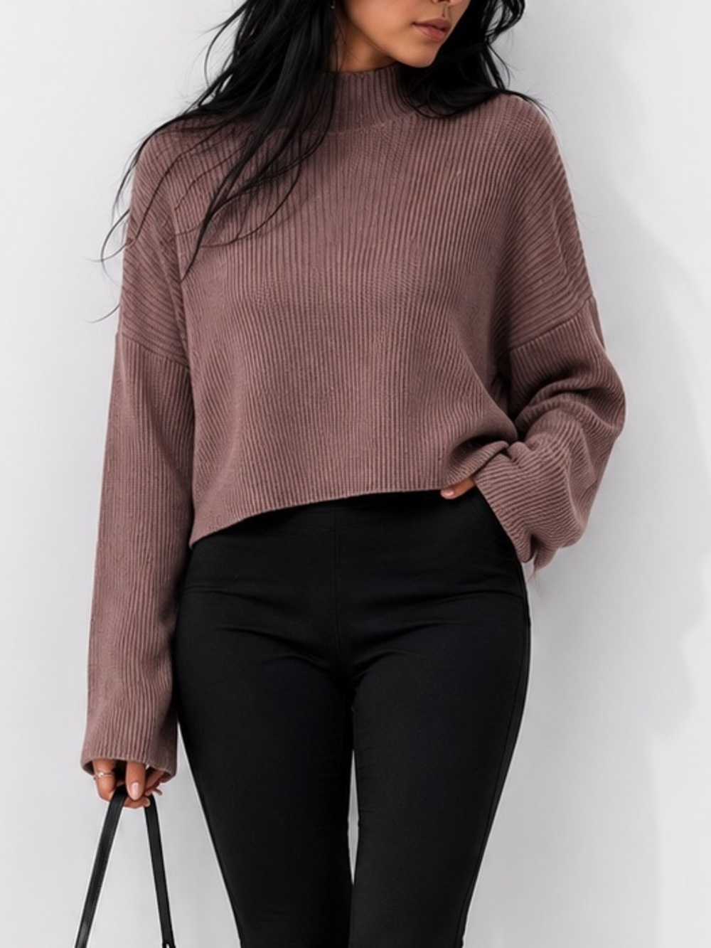Zara Mock Neck Ribbed Cropped Mauve Pink Sweater Size Small